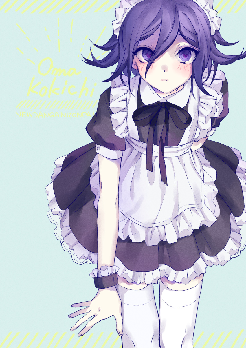 1boy, absurdres, alternate_costume, apron, aqua_background, black_dress, black_ribbon, blush