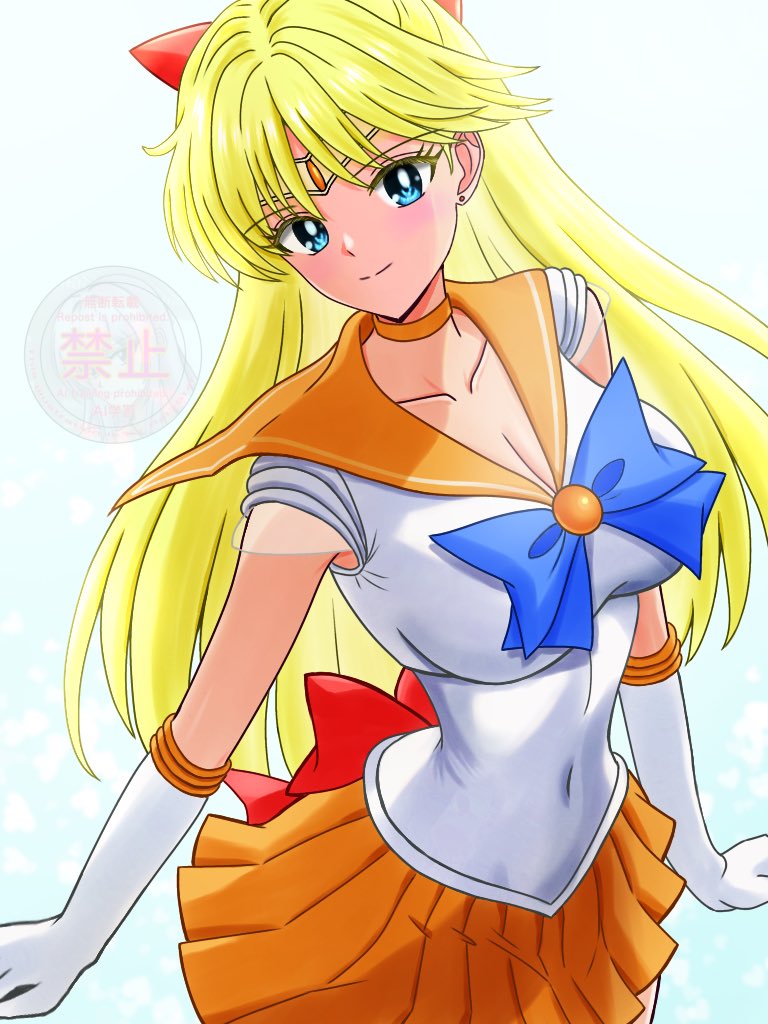 1girl, aino_minako, back_bow, bishoujo_senshi_sailor_moon, blonde_hair, blue_eyes, bow, choker, earrings, elbow_gloves, gloves, hair_bow, jewelry, long_hair, orange_choker, orange_sailor_collar, orange_skirt, rai3star, red_bow, sailor_collar, sailor_senshi_uniform, sailor_venus, skirt, smile, solo, white_gloves