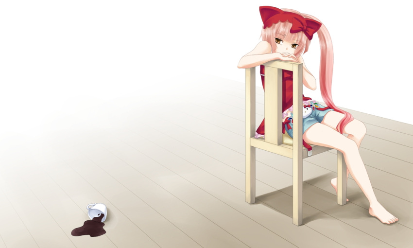animal_hat, bad_id, bare_shoulders, barefoot, bow, brown_eyes, camisole, cat_ears