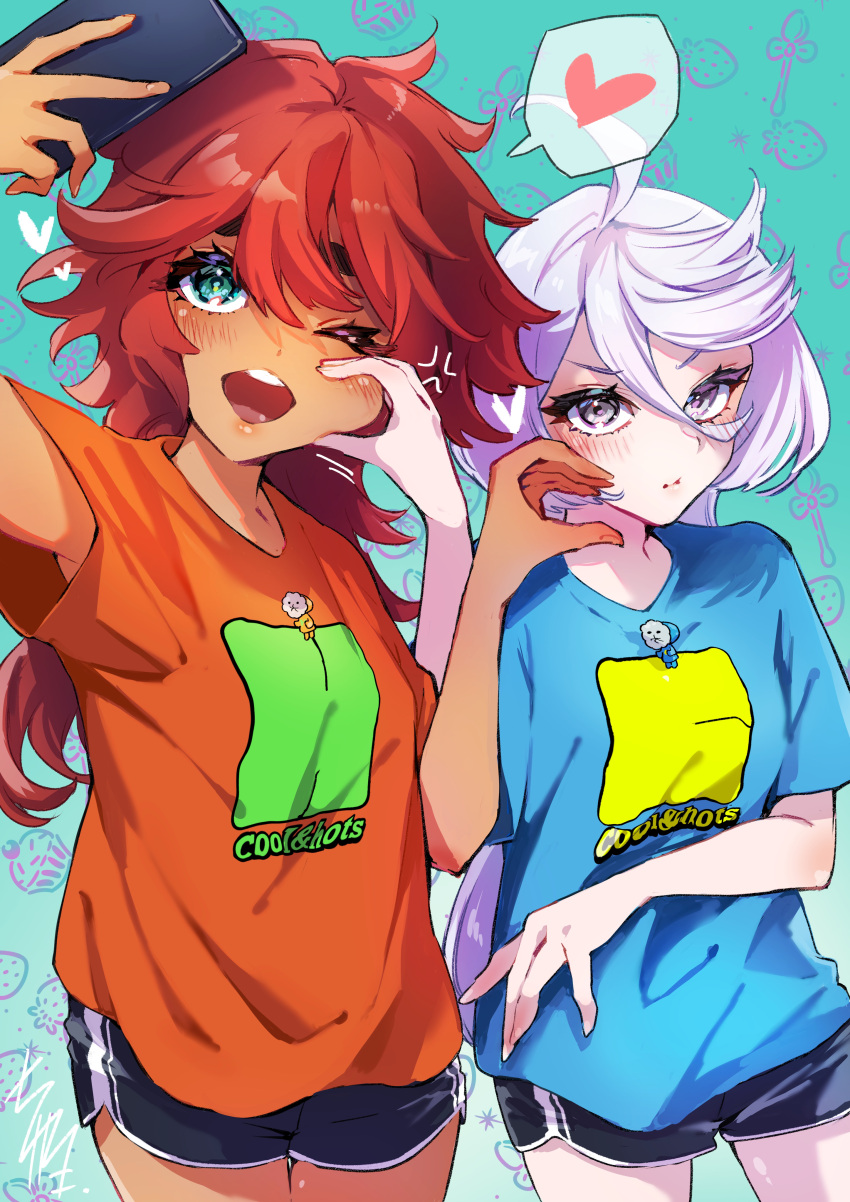2girls, absurdres, ahoge, anger_vein, aqua_background, arm_up, armpit_peek, black_shorts, blue_shirt, blush, cellphone, cheek_pinching, closed_mouth, clothes_writing, commentary_request, cowboy_shot, dark-skinned_female, dark_skin, dolphin_shorts, eyelashes, green_eyes, grey_eyes, grey_hair, gundam, gundam_suisei_no_majo, hair_between_eyes, half-heart_hands, heart, highres, hinosaka_aki, holding, holding_phone, long_bangs, long_hair, male_focus, matching_outfits, miorine_rembran, multiple_girls, open_mouth, orange_shirt, phone, pinching, posing, print_shirt, red_hair, shirt, short_shorts, short_sleeves, shorts, smartphone, smile, speech_bubble, spoken_heart, suletta_mercury, t-shirt, taking_picture, v-shaped_eyebrows