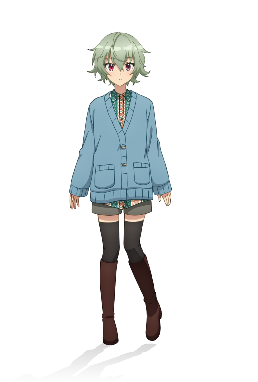 1girl, anime_coloring, black_pantyhose, blue_cardigan, boots, breasts, brown_boots, cardigan