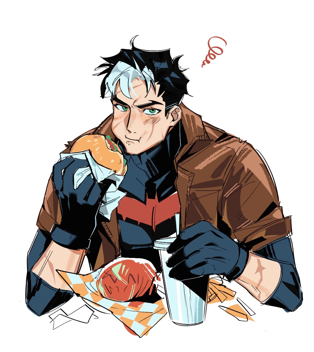 1boy, bat_signal, batman_(series), batman_symbol, black_bodysuit, black_gloves, black_hair, bodysuit