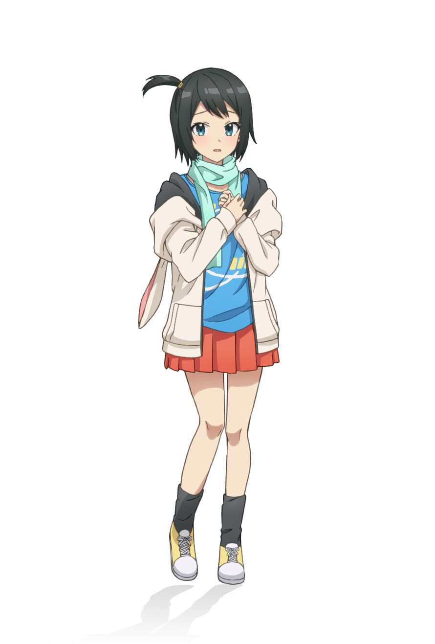 1girl, anime_coloring, black_socks, blue_eyes, blue_scarf, blue_shirt, blush, breasts