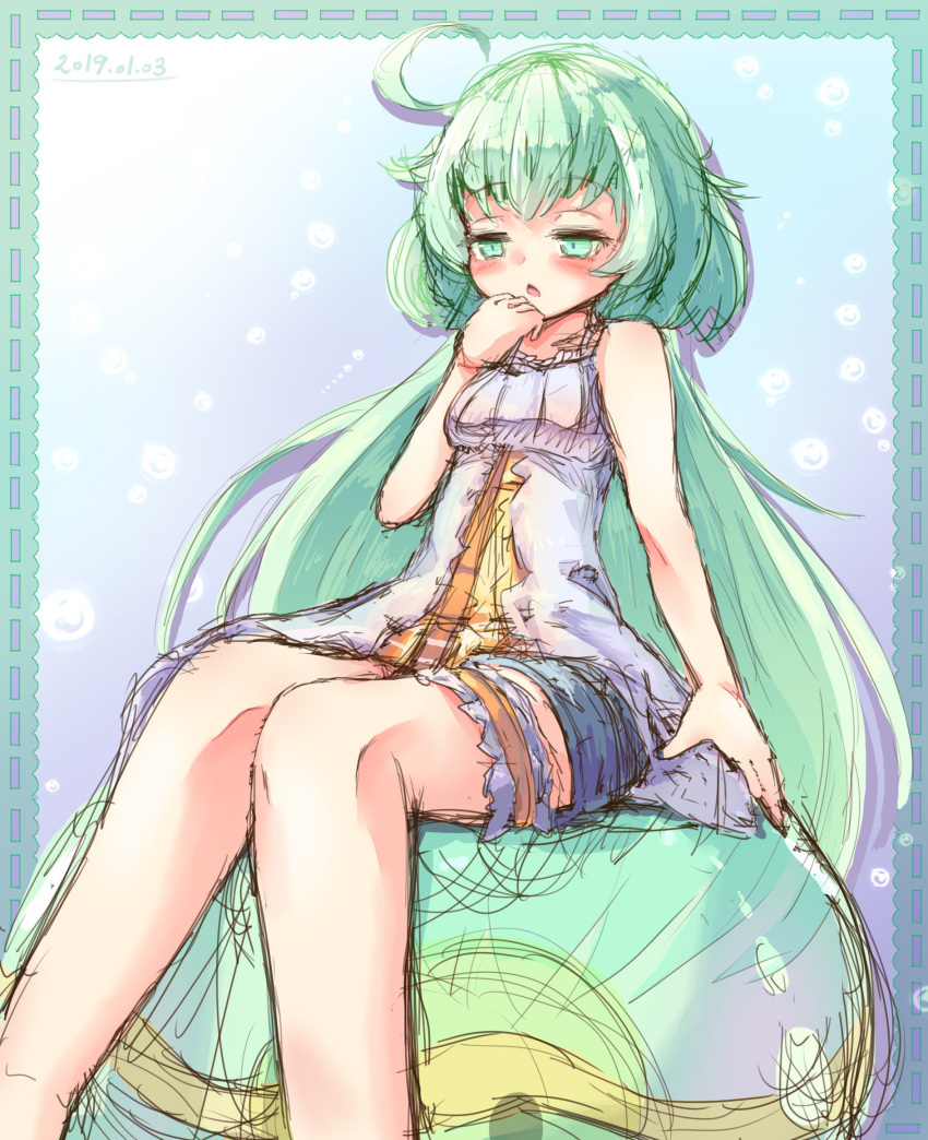 1girl, ahoge, air_bubble, blue_shorts, blush, bubble, dated, dress