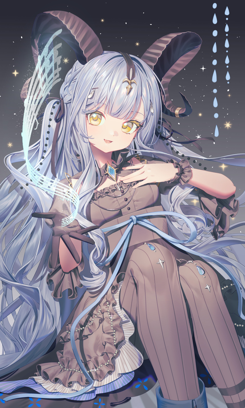 1girl, :d, absurdres, arknights, bang_dream!, bang_dream!_it's_mygo!!!!!, black_dress, black_gloves, black_horns, black_pantyhose, black_ribbon, blue_hair, blunt_bangs, breasts, chinese_commentary, commentary_request, curled_horns, detached_collar, dress, feet_out_of_frame, gloves, hair_ribbon, hand_on_own_chest, highres, horns, knees_up, light_particles, long_hair, looking_at_viewer, luo_xiansheng_mr_loky, magic, medium_breasts, musical_staff, open_mouth, pantyhose, ribbon, sidelocks, single_glove, sitting, smile, solo, sparkle, togawa_sakiko, togawa_sakiko_(master_of_melodia), two_side_up, wrist_cuffs, yellow_eyes