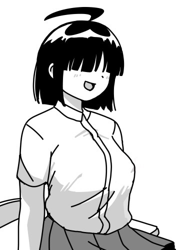 1girl, ahoge, breasts, commentary_request, greyscale, huge_ahoge, large_breasts, lowres