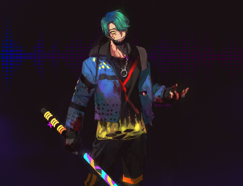 1boy, animification, aqua_hair, black_hoodie, blood, blue_jacket, chain, dead_by_daylight