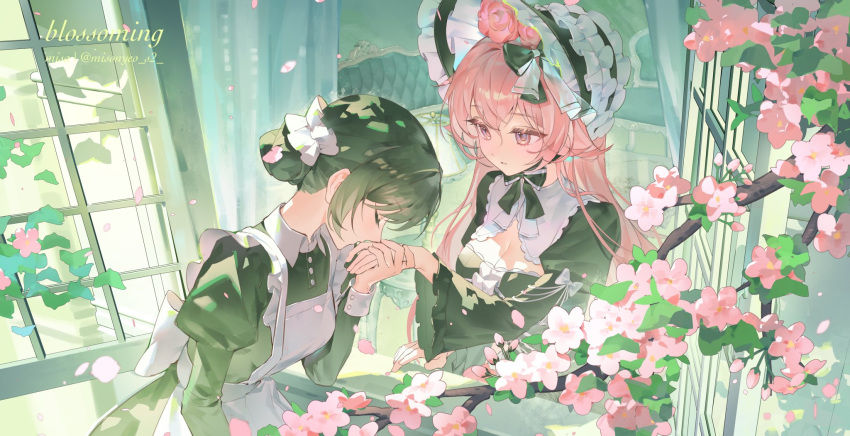 1girl, apron, aristocratic_clothes, back_bow, black_dress, black_hair, blush, bonnet, bow, breasts, cherry_blossoms, cleavage_cutout, closed_eyes, clothing_cutout, cursive, dress, english_text, falling_petals, flower, frilled_hairband, frilled_sleeves, frills, hair_bun, hair_flaps, hair_flower, hair_ornament, hairband, highres, juliet_sleeves, kiss, kissing_hand, long_hair, long_sleeves, looking_at_another, maid, maid_apron, medium_breasts, misonyeo_s2, open_window, original, petals, pink_eyes, pink_hair, puffy_sleeves, white_apron, wide_sleeves, window, yuri