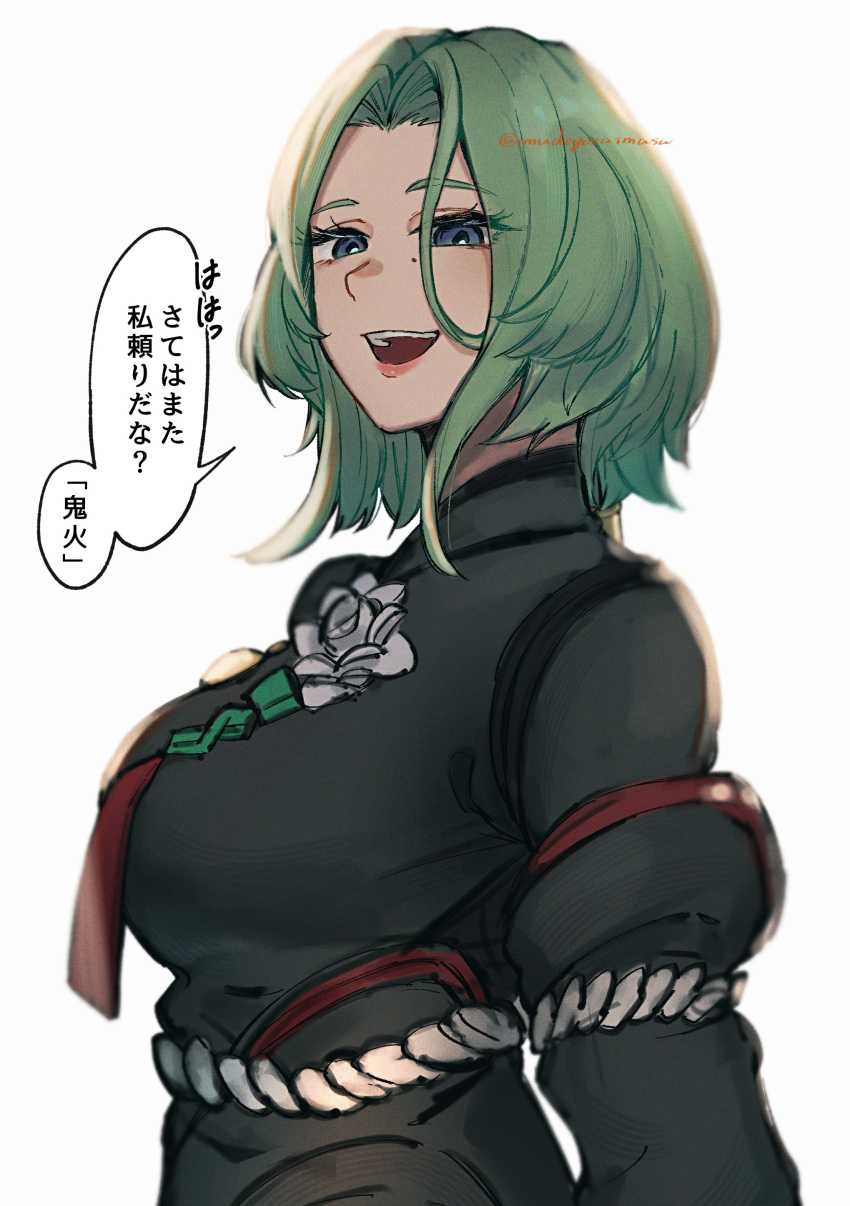 1girl, absurdres, black_dress, breasts, commentary_request, dress, flower_on_chest, from_side, green_eyes, green_hair, highres, imudegozaimasu, isolde_(zenless_zone_zero), large_breasts, long_hair, long_sleeves, looking_at_viewer, looking_to_the_side, loose_hair_strand, open_mouth, simple_background, solo, teeth, translation_request, upper_body, upper_teeth_only, white_background, zenless_zone_zero