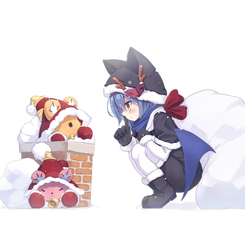 1girl, absurdres, animal_ear_headwear, armadillon, bag, bat_wings, bear, bell, black_bodysuit, black_boots, black_capelet, black_gloves, black_hat, blue_hair, blue_scarf, blue_wings, bodysuit, boots, capelet, chimney, delucky_alma, emil_chronicle_online, from_side, fur_boots, fur_capelet, gloves, hat, highres, holding, holding_bag, mask_on_hat, pantyhose, red_gloves, red_hat, scarf, squatting, white_background, white_pantyhose, white_sleeves, wings, yellow_eyes