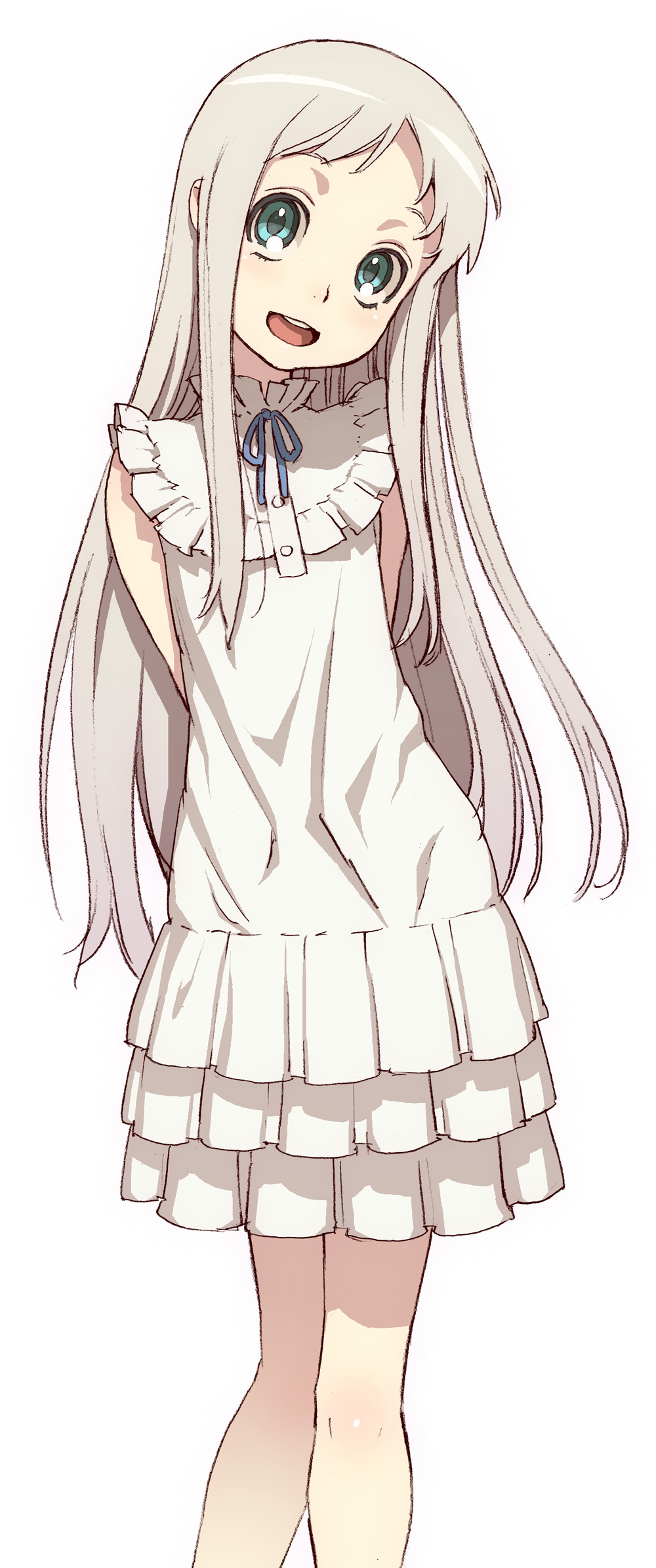 ano_hi_mita_hana_no_namae_wo_bokutachi_wa_mada_shiranai, aqua_eyes, arms_behind_back, bare_legs, dress, highres, hijiri_rei, honma_meiko