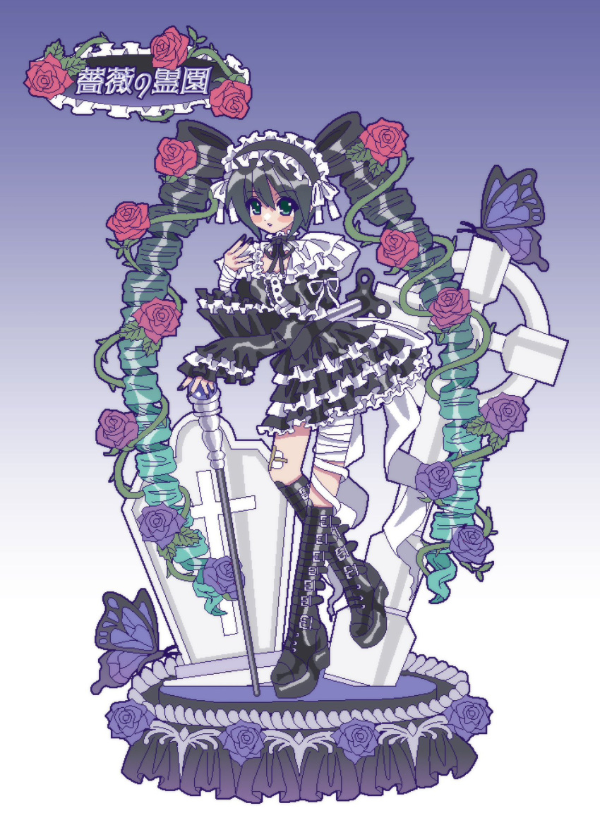 1girl, amnyuixx, aqua_hair, bandaged_hand, bandaged_leg, bandages, black_boots, black_dress