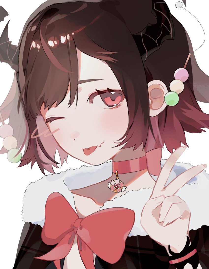 1girl, ;p, black_horns, bow, brown_hair, choker, commentary, dango_hair_ornament, dot_nose, fang, food-themed_hair_ornament, fraiki_(vtuber), fur_trim, gradient_hair, hair_ornament, highres, horns, indie_virtual_youtuber, multicolored_hair, one_eye_closed, pink_bow, pink_choker, pink_eyes, pink_hair, portrait, short_hair, simple_background, skin_fang, solo, tongue, tongue_out, v, virtual_youtuber, white_background, yub1q