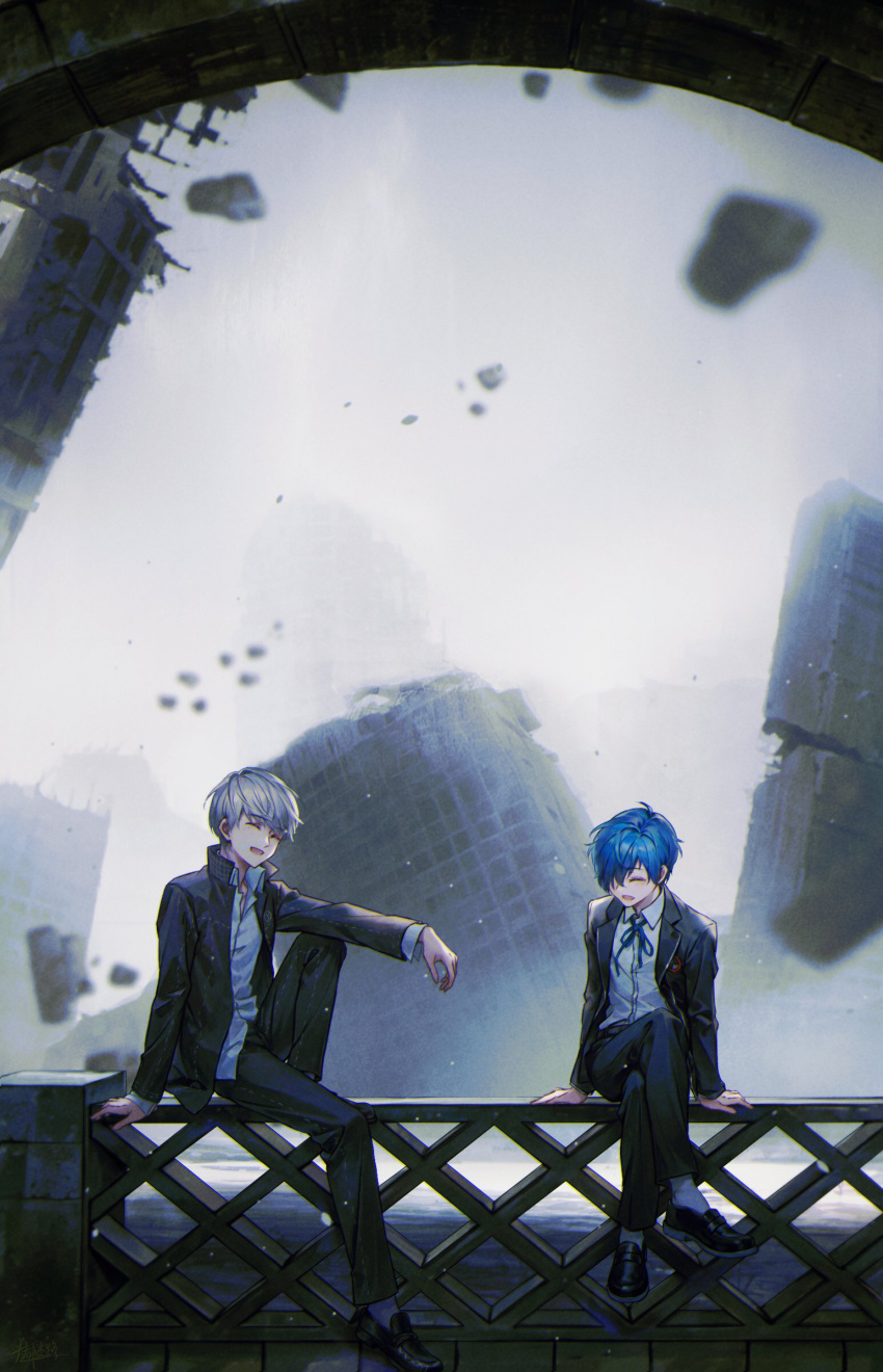2boys, :d, abandoned, arm_on_knee, black_jacket, black_pants, black_shoes, blue_hair