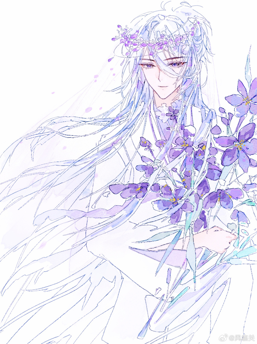 1boy, bell_sleeves, bouquet, bridal_veil, cael_anselm, chinese_commentary, closed_mouth, cowboy_shot