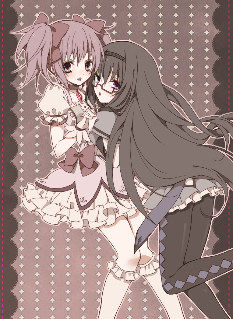 akemi_homura, black_hair, black_legwear, choker, glasses, gloves, hairband, hand_holding