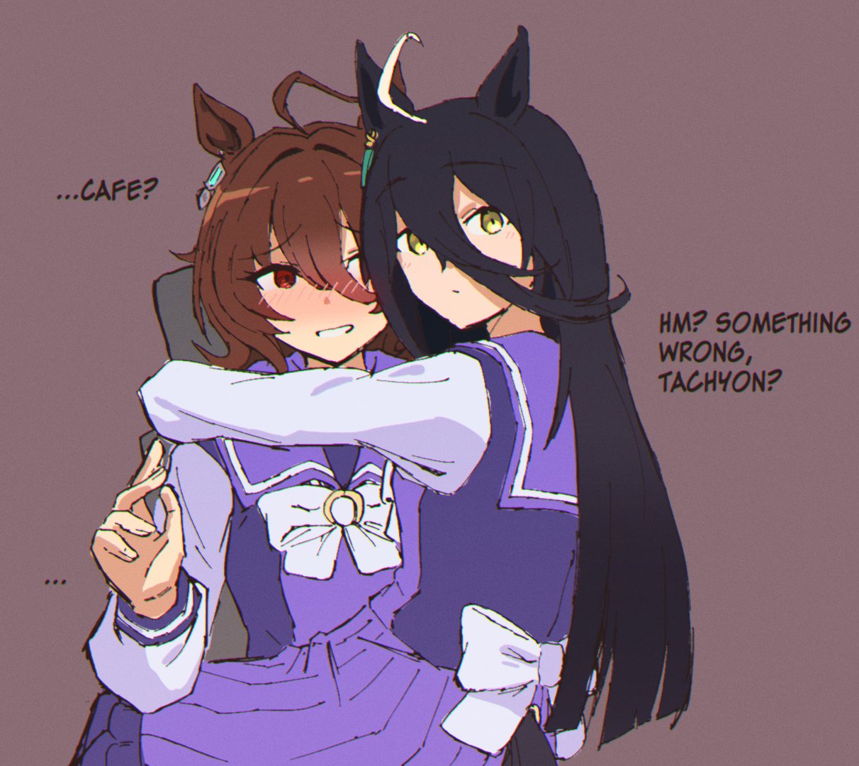 2girls, :/, agnes_tachyon_(umamusume), ahoge, animal_ears, arms_around_neck, black_hair, blush