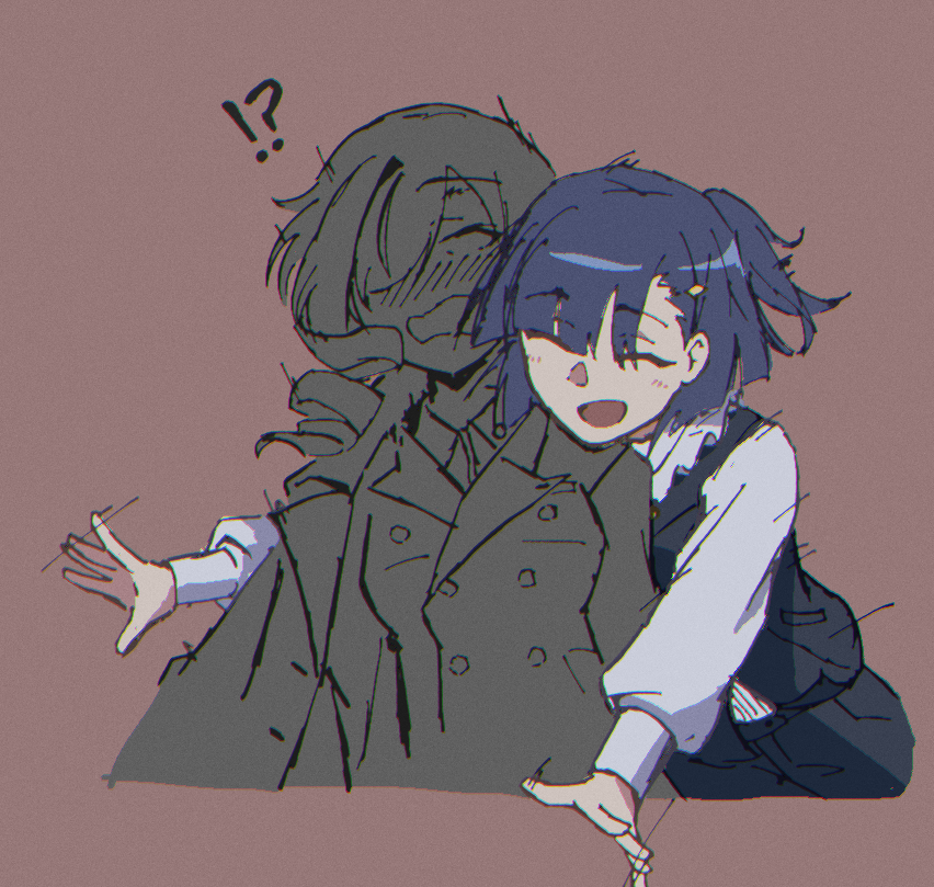 !?, 2girls, :d, black_pants, black_vest, blank_eyes, blue_hair, blush