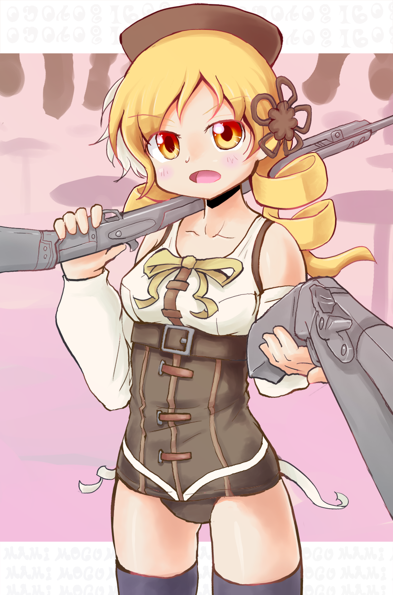 adapted_costume, bare_shoulders, beret, black_panties, blonde_hair, corset, detached_sleeves, drill_hair