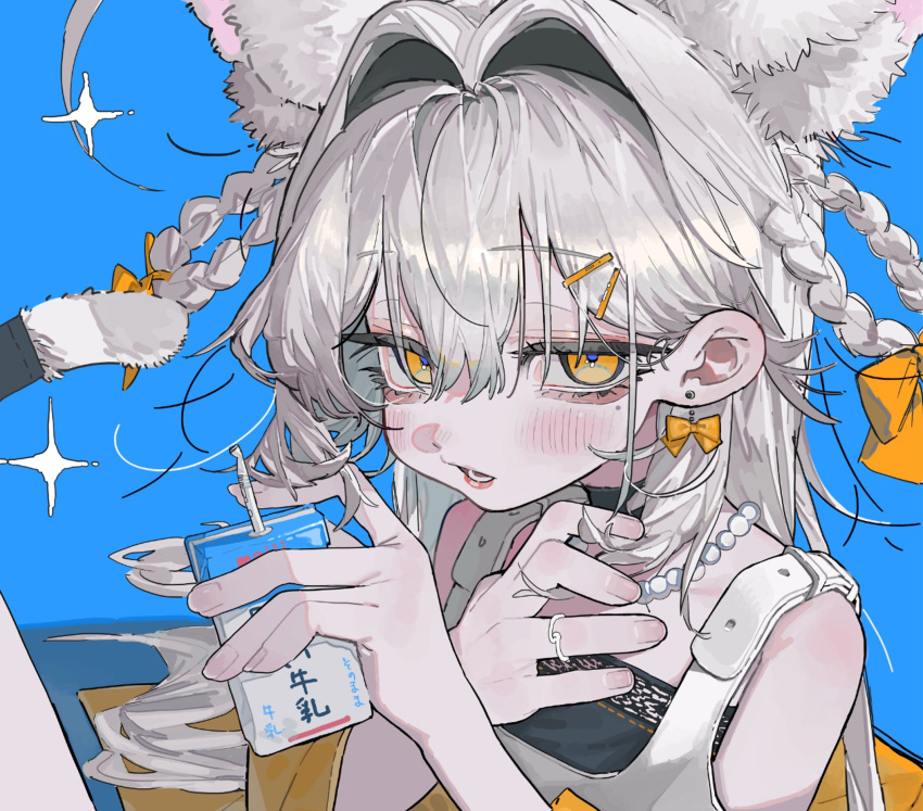 1girl, 87yanagi, animal_ear_fluff, animal_ears, bags_under_eyes, bare_shoulders, bead_necklace, beads, black_choker, blue_background, blush, bow, braid, braided_hair_rings, character_request, choker, commentary, copyright_request, drinking_straw, earrings, hair_behind_ear, hair_between_eyes, hair_bow, hair_intakes, hair_ornament, hair_rings, hand_on_own_chest, highres, holding, jewelry, lips, looking_at_viewer, lower_teeth_only, milk, milk_carton, multicolored_eyes, multiple_hair_bows, necklace, nose_shade, open_mouth, ring, shirt, simple_background, sitting, sleeveless, sleeveless_shirt, solo, tail, tail_ornament, teeth, upper_body, white_hair, white_shirt, yellow_bow, yellow_eyes