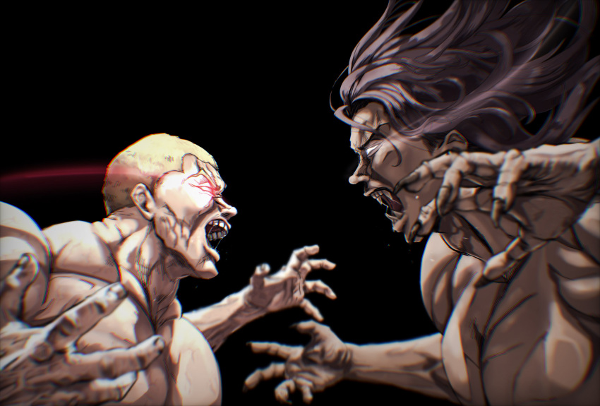 2boys, black_background, black_hair, blonde_hair, caveman, eye_trail, fang, fighting
