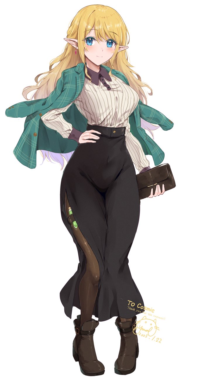 1girl, bag, black_skirt, blonde_hair, blue_eyes, blush, boots, breasts, brown_boots, closed_mouth, collared_shirt, commentary_request, commission, commissioner_name, dated, earrings, elf, full_body, green_jacket, hand_on_own_hip, highres, holding, holding_bag, jacket, jewelry, large_breasts, long_hair, long_skirt, long_sleeves, looking_at_viewer, original, pointy_ears, ribbed_shirt, shirt, side_slit, signature, simple_background, skeb_commission, skirt, smile, solo, thank_you, white_background, white_shirt, yuuri_(orz_commushows)