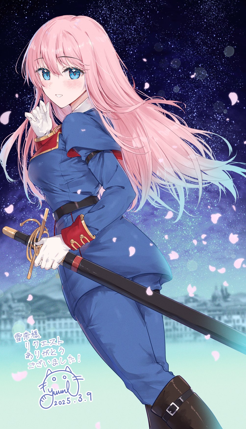 1girl, belt, black_belt, blue_eyes, blue_jacket, blue_pants, blush, boots