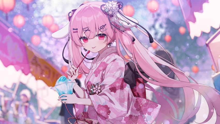 1girl, :p, animal_ears, black_bow, blurry, blurry_background, bow, floral_print
