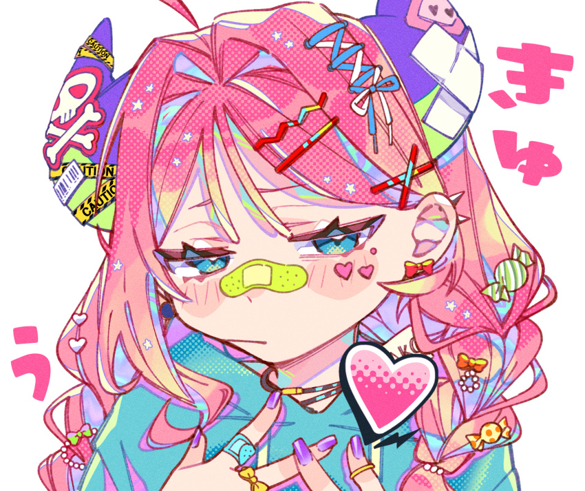 1girl, ako-chan_(notamaru_2), bandaid, bandaid_on_face, bandaid_on_finger, bandaid_on_nose, blue_eyes, blue_shirt