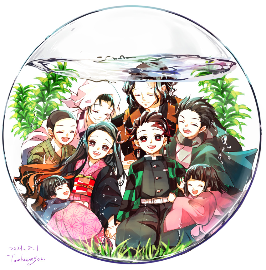 air_bubble, artist_name, black_hair, black_pants, bubble, child, closed_eyes, closed_mouth