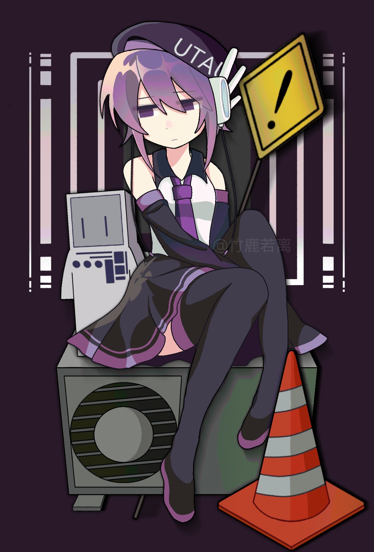 1girl, 1other, artist_name, bare_shoulders, beret, black_background, black_boots, black_hat