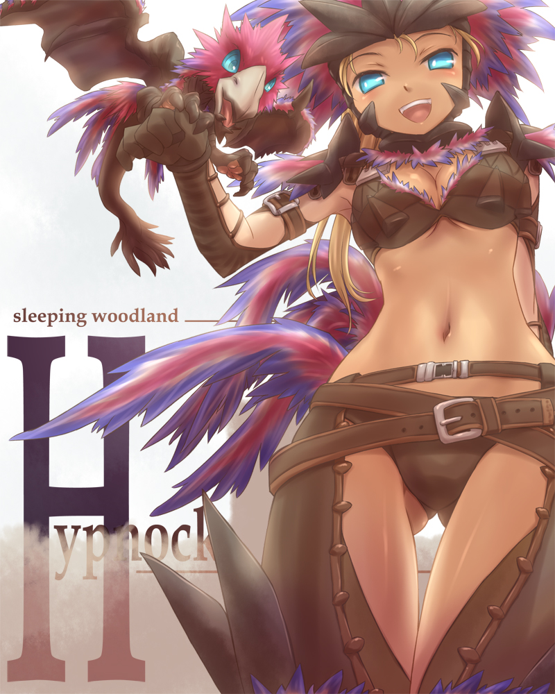 arm_behind_back, armlet, armor, belt, beltskirt, bikini_armor, bird, blonde_hair
