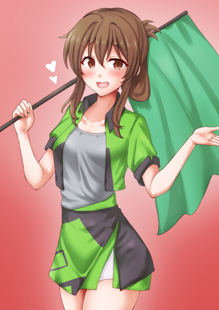1girl, alternate_costume, anti_(untea9), brown_eyes, brown_hair, c2_race_queen_uniform, cropped_jacket, flag