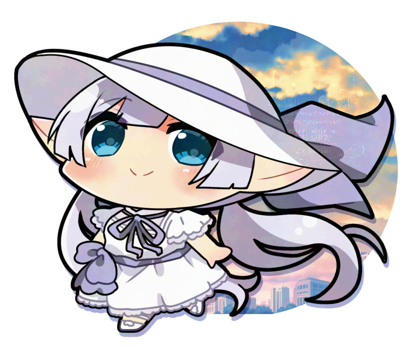 1girl, blue_eyes, blush, britomart_(fate), britomart_(over_the_same_sky)_(fate), chibi, dress, fate/grand_order
