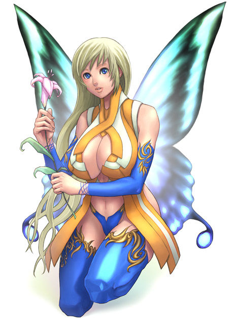 blue_eyes, breasts, butterfly_wings, cleavage, cleavage_cutout, copyright_request, detached_sleeves, flower