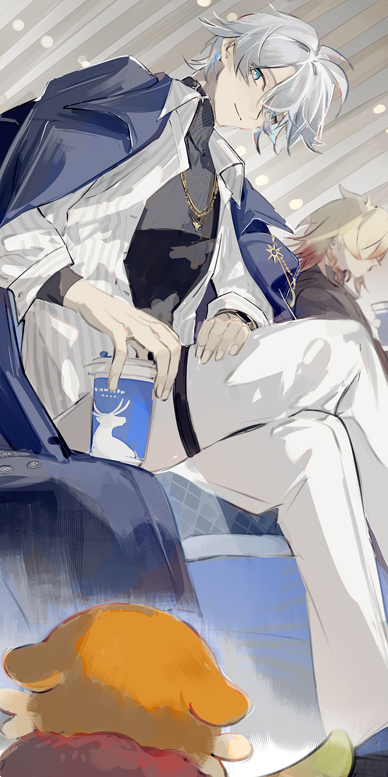2boys, antenna_hair, black_sweater, blonde_hair, blue_coat, blue_eyes, chimera_(honkai:_star_rail), chinese_commentary