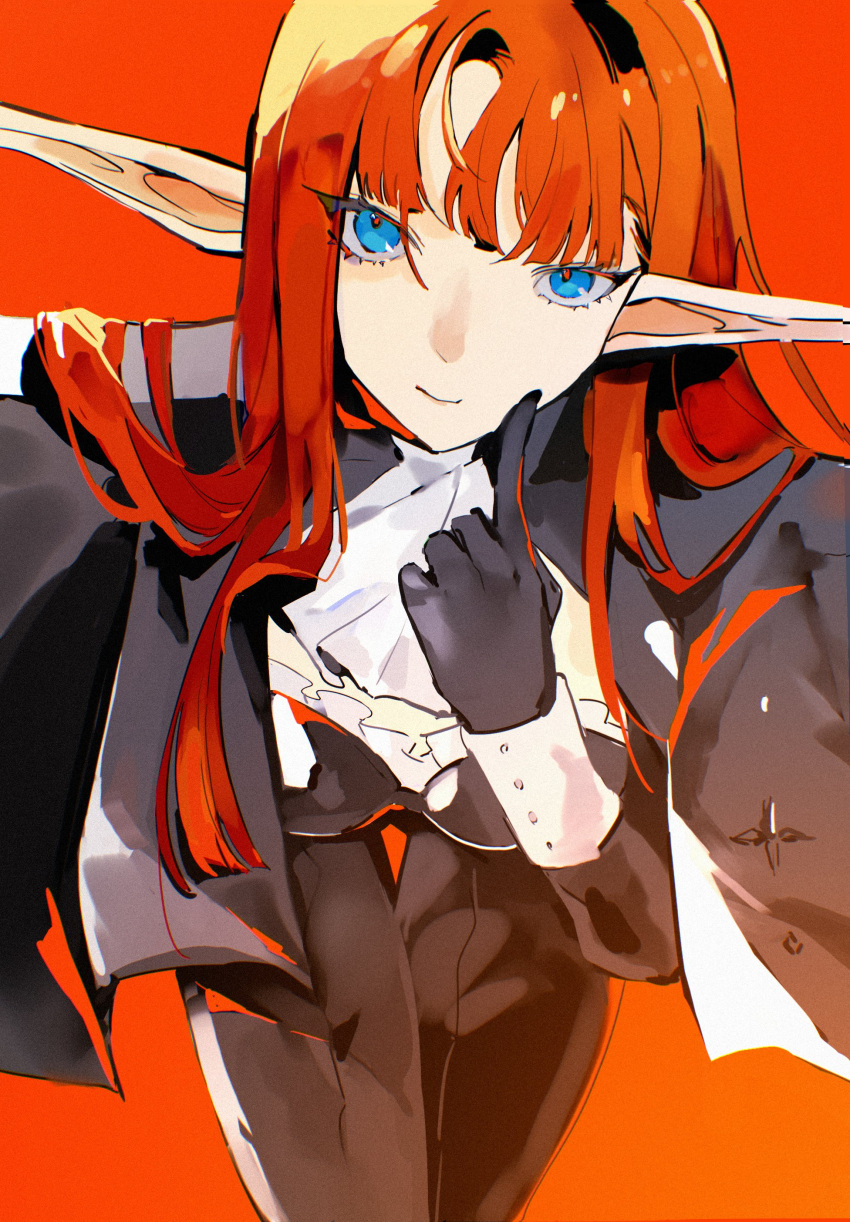 1girl, absurdres, ascot, black_capelet, black_gloves, black_pants, blue_eyes, capelet
