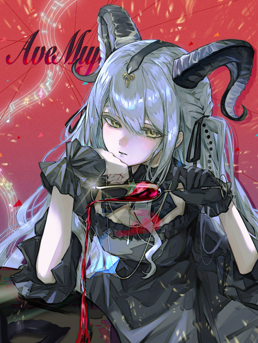 1girl, absurdres, alcohol, arknights, arm_rest, bang_dream!, bang_dream!_it's_mygo!!!!!, black_dress, black_gloves, black_ribbon, champagne_flute, cup, curled_horns, demon_horns, dress, drinking_glass, elbow_on_table, eryi021, gloves, grey_hair, group_name, hair_ribbon, head_rest, highres, holding, holding_cup, horns, long_hair, looking_at_viewer, mask, musical_note, musical_staff, parted_lips, red_background, red_wine, ribbon, solo, togawa_sakiko, togawa_sakiko_(master_of_melodia), treble_clef, unworn_mask, wine, yellow_eyes