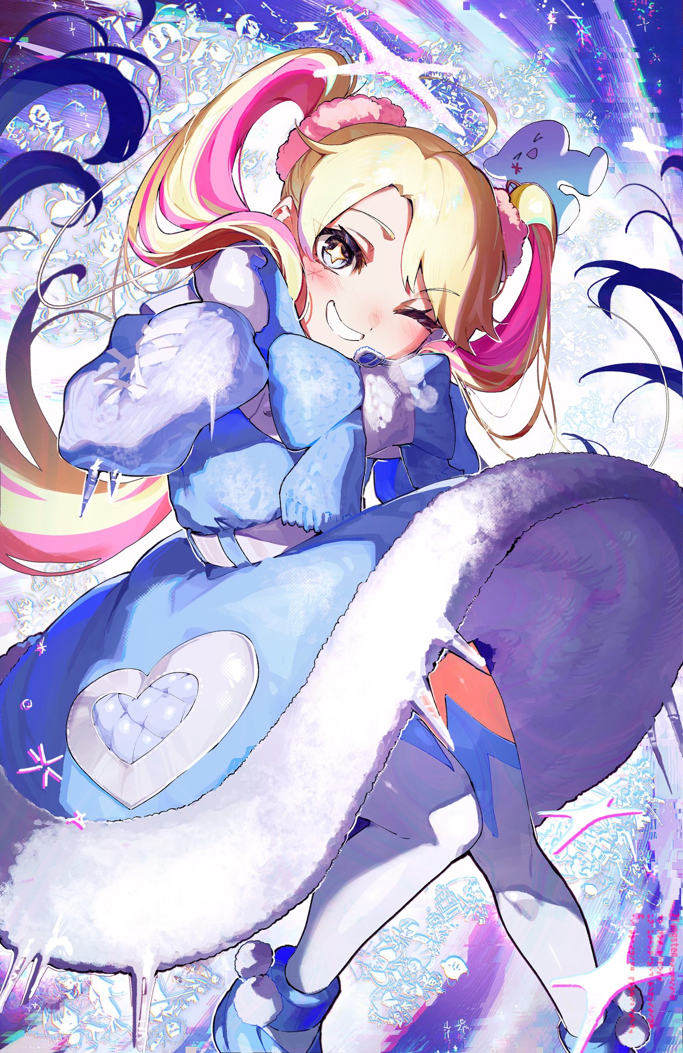 +_+, 1girl, 7tungsten, ahoge, blonde_hair, blue_dress, blue_eyes, blue_scrunchie, blue_shoes, character_request, commentary_request, copyright_request, dress, fur-trimmed_dress, fur_trim, grin, hair_ornament, hair_scrunchie, highres, long_hair, long_sleeves, looking_at_viewer, mittens, multicolored_hair, one_eye_closed, pink_hair, pink_scrunchie, pom_pom_footwear, puffy_long_sleeves, puffy_sleeves, rta-chan, rta_in_japan, scrunchie, shoes, smile, solo_focus, streaked_hair, thigh-highs, twintails, two-tone_hair, very_long_hair, white_mittens, white_thighhighs, winter_clothes