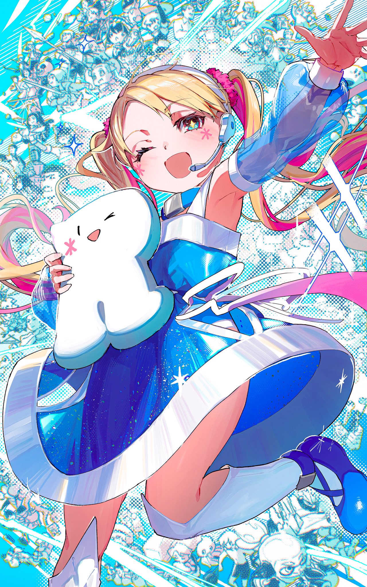 +_+, 1girl, 7tungsten, ;d, blonde_hair, blue_choker, blue_dress, blue_eyes