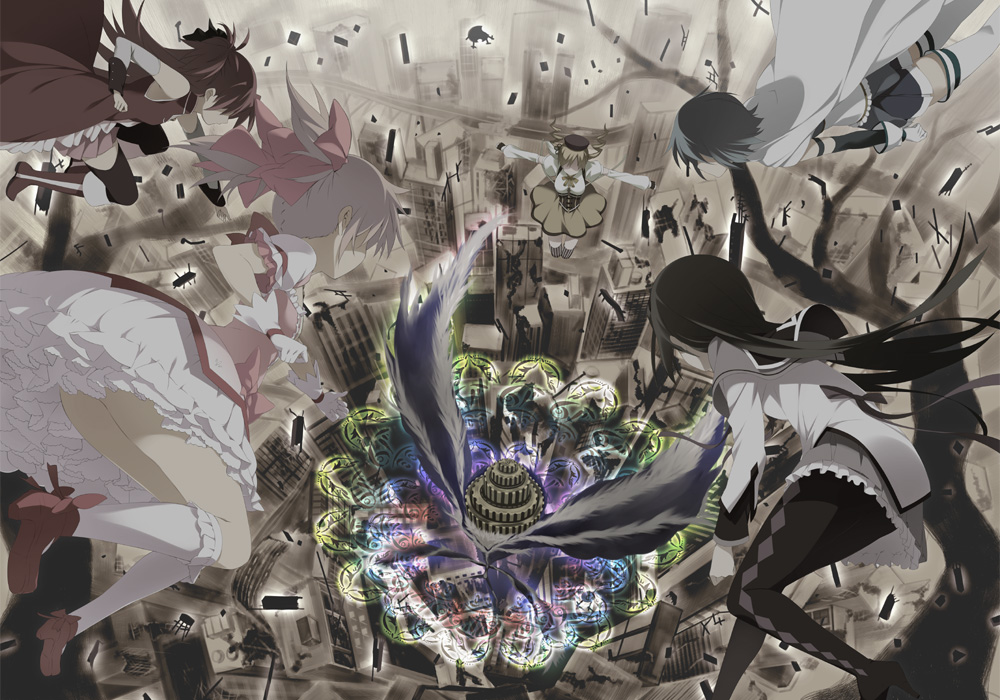 akemi_homura, battle, building, city, flying, from_above, kaname_madoka, magical_girl