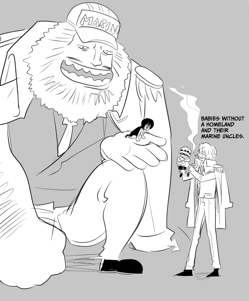 1girl, 3boys, aged_down, beard, blunt_bangs, carrying, carrying_person, cigar