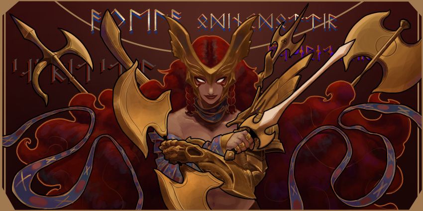 absurdres, angela_(marvel), axe, gold, highres, holding, holding_polearm, holding_weapon, marvel, marvel_rivals, non-web_source, polearm, sword, weapon, white_eyes
