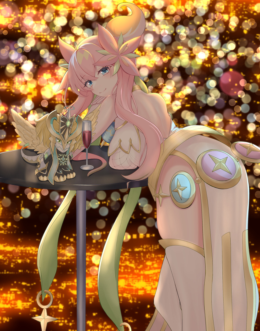 1girl, absurdres, bare_back, bare_shoulders, blonde_hair, blue_eyes, breast_rest, breasts
