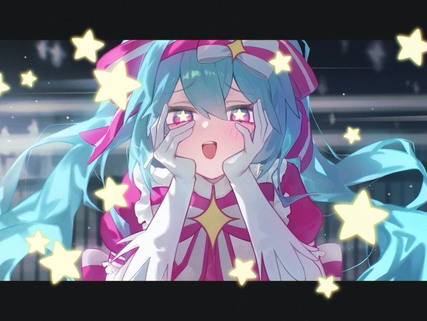 1girl, :d, absurdres, aqua_hair, black_border, blue_eyes, blurry, blurry_background