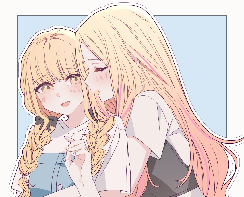 2girls, absurdres, black_bow, blonde_hair, blush, border, bow, braid