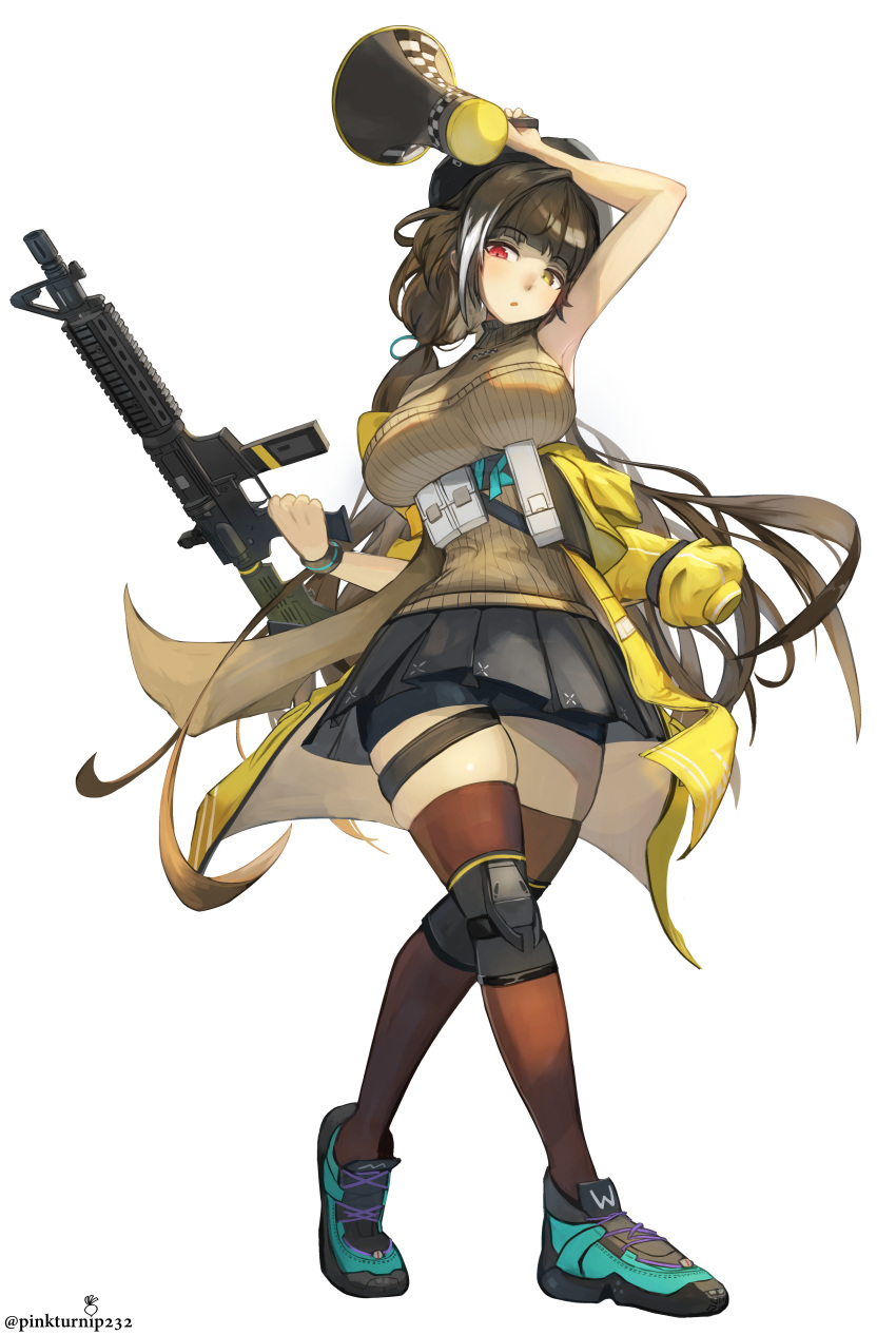 1girl, absurdres, arm_up, armpits, bare_shoulders, bike_shorts, black_shorts, black_skirt, breasts, brown_hair, clothes_pull, expressionless, full_body, girls'_frontline_2:_exilium, girls_frontline, gun, hand_up, heart, highres, hip_focus, holding, holding_gun, holding_megaphone, holding_weapon, jacket, jacket_pull, large_breasts, long_hair, megaphone, miniskirt, multicolored_hair, off_shoulder, open_clothes, open_jacket, open_mouth, pinkturnip232, pleated_skirt, red_eyes, ro635_(girls'_frontline), robella_(girls'_frontline_2), shorts, skindentation, skirt, sleeveless, sleeveless_sweater, solo, standing, streaked_hair, submachine_gun, sweater, thigh-highs, thigh_strap, thighs, twintails, two-tone_hair, very_long_hair, weapon, white_hair, yellow_eyes, yellow_jacket