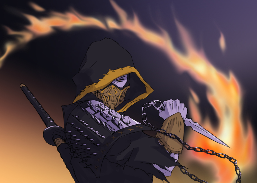 1boy, artist_request, badass, blurry_background, chain, fire, hanzo_hasashi, japanese_armor