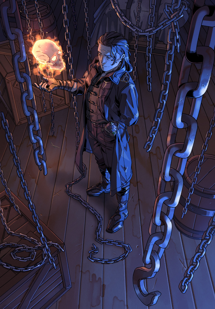 bandaged_hand, barrel, black_hair, chain, chains, chinese, crate, mortal_kombat