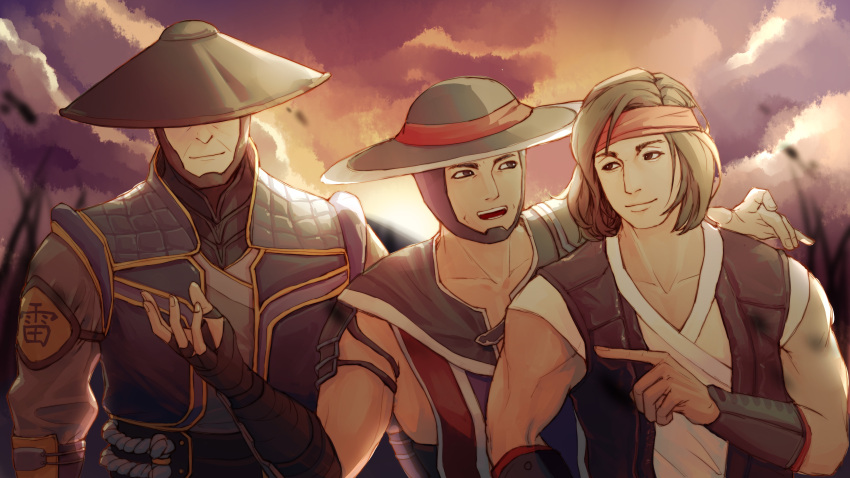 3boys, artist_request, black_hair, chinese, hat, kung_lao, liu_kang, male